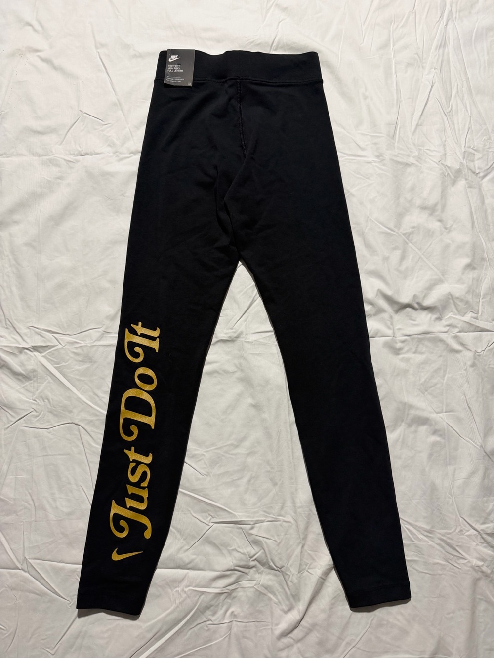 NWT Nike Women XS Black High Rise Full Length Leggings Metallic Gold Just Do It
